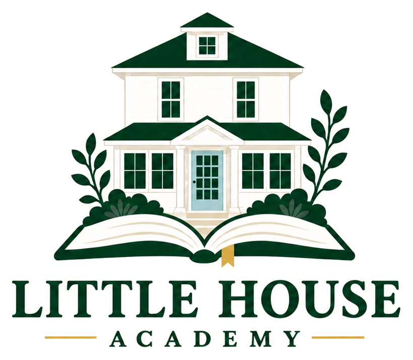 Little House Academy: a white house with a green roof and blue door growing from an open book